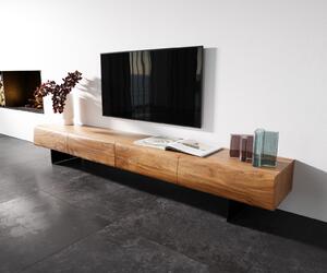 DELIFE TV stolík New Live-Edge 240 cm akácia prírodná 4 zásuvky závesná kov čierna