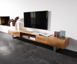 DELIFE TV stolík New Live-Edge 240 cm akácia prírodná 4 dvierka 1 priehradka tenká podstava nerezová oceľ kefovaná
