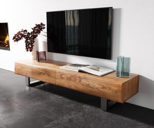 DELIFE TV stolík New Live-Edge 175 cm akácia prírodná 4 dvierka tenká podstava nerezová oceľ kefovaná