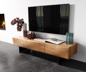 DELIFE TV stolík New Live-Edge 145 cm akácia prírodná 3 dvierka závesná kov čierna