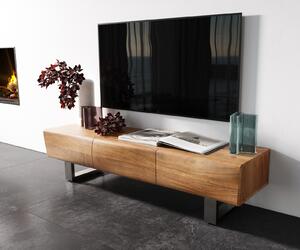 DELIFE TV stolík New Live-Edge 145 cm akácia prírodná 3 dvierka tenká podstava nerezová oceľ kefovaná