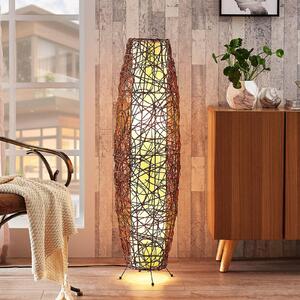 Stojacia lampa Lindby Nias, výška 111 cm, ratan, textil, Hnedá / hrdzavá, Obývacia izba / jedáleň, Drevo, Moderný, Stojacie svietidlo