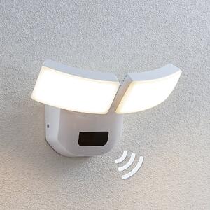 Lindby LED vonkajšie nástenné svietidlo Nikias, 30 cm, senzor, 2 svetlá, biele, Biela / opálová, Hliník, Moderný, Nástenné svietidlo