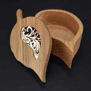 AMADEA Drevená krabička v tvare listu, masívne drevo s vkladom z topoľovej preglejky, 11x6x3 cm