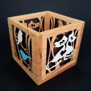 AMADEA Drevený svietnik kocky s motívom vtáčikov a mačiek, farebný, masívne drevo, 10x10x10 cm