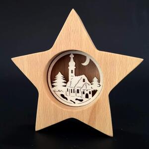 AMADEA Drevená hviezda s vkladom - kostol, masívne drevo, 10x10x3 cm
