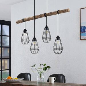 Závesné svietidlo Lindby Eldarion, 116 cm, 4 svetlá, drevo, E27, Svetlé drevo, Obývacia izba / jedáleň, kov, Vidiecky / Rustikálny, Závesné svietidlo