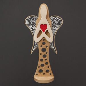 AMADEA Drevený anjel na podstavci s bielymi krídlami a červeným srdcom, masívne drevo, 63x31 cm, český výrobok