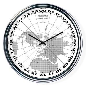 Biele hodiny s chodom 24h ukazujúce na mape, kde je práve poludnie | atelierDSGN