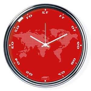 Červené zvisle zrkadlené hodiny s mapou