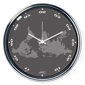 Tmavo šedé vodorovne zrkadlené hodiny s mapou