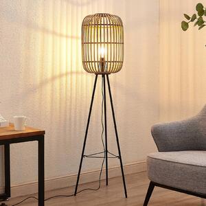 Stojacia lampa Lindby Canyana, 139 cm, prírodná, ratan, trojnožka, Svetlé drevo, Obývacia izba / jedáleň, Drevo, Vidiecky / Rustikálny, Stojaca lampa