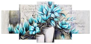 Obraz na plátne Modré magnólie vo vázach - 5 dielny Rozmery: 150 x 70 cm