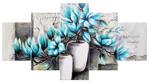 Obraz na plátne Modré magnólie vo vázach - 5 dielny Rozmery: 150 x 70 cm