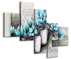 Obraz na plátne Modré magnólie vo vázach - 5 dielny Rozmery: 100 x 75 cm