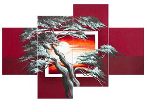 Gario 4 dielny obraz na plátne Červený západ slnka a mohutný strom Veľkosť: 120 x 80 cm