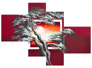 Gario 4 dielny obraz na plátne Červený západ slnka a mohutný strom Veľkosť: 120 x 80 cm