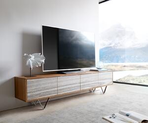 DELIFE TV stolík Kleo 200 cm akácia prírodná 4 dvierka podstava v tvare V nerezová oceľ
