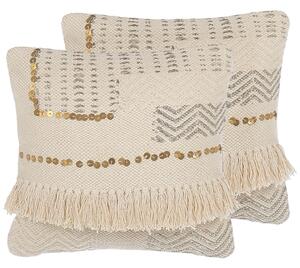 Sada 2 dekoratívnych vankúšov béžová 45 x 45 cm so strapcami boho retro bytové doplnky