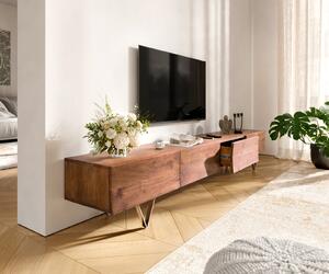 DELIFE TV stolík Wyatt 220 cm akácia hnedá 4 zásuvky podstava v tvare V nerezová oceľ