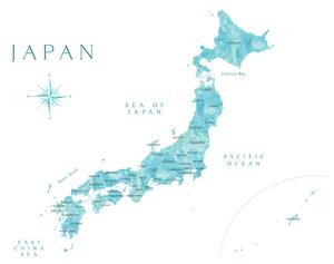 Mapa Map of Japan in aquamarine watercolor, Blursbyai