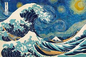 Plagát, Obraz - Starry Wave - Katsushika Hokusai and Vincent Van Gogh