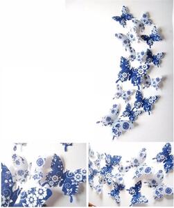 Veselá Stena Farebné 3D Motýliky Modré s kvetinami
