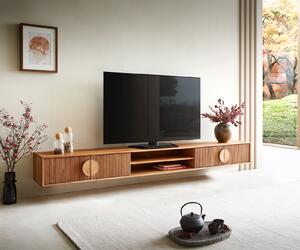 DELIFE TV stolík Surimu 240 cm akácia svetlohnedá 4 dvierka 2 priehradky korková rukoväť závesný