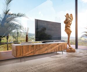 DELIFE TV stolík Bahan 200 cm mango teak 4 dvierka mramorová doska biela podstava v tvare L nerezová oceľ