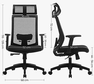 SONGMICS Kancelárska stolička sieťovaná, nastaviteľné opierky, čierna 65x53x116-126cm