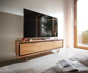 DELIFE TV stolík Stonegrace 145 cm akácia prírodná 3 dvierka kamenná dyha podstava v tvare V