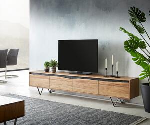 DELIFE TV stolík Stonegrace 220x35 cm akácia prírodná 4 dvierka masívna hrana