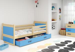 Detská posteľ RICO P1 COLOR + ÚP + matrace + rošt ZDARMA, 90x200 cm, borovica, blankytná