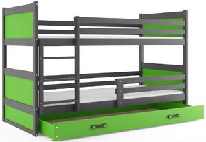 Poschodová posteľ RICO 2 COLOR + úložný priestor + matrace + rošt ZDARMA, 80x190 cm, grafit, zelená