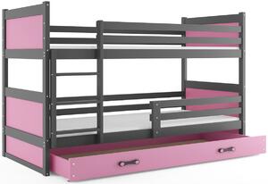 Poschodová posteľ RICO 3 COLOR + matrac + rošt ZDARMA, 80x190 cm, grafit, ružová