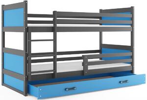 Poschodová posteľ RICO 2 COLOR + úložný priestor + matrace + rošt ZDARMA, 80x190 cm, grafit, blankytná