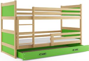 Poschodová posteľ FIONA 2 COLOR + úložný priestor + matrace + rošt ZDARMA, 80x190 cm, borovica/zelená