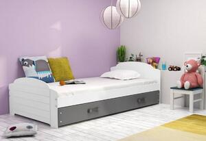 Detská posteľ DOUGY P1 + ÚP + matrace + rošt ZDARMA, 90x200, biela/grafitová