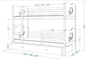 Detská poschodová posteľ FOX MASIV 2, 190x80 cm, jelša/biely - srdiečka
