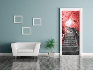 Gario Fototapeta na dvere Schody v červenom lese Veľkosť: 95 x 205 cm, Materiál: Samolepiaca