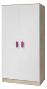 Dvojdverová šatníková skriňa do detskej izby Sven, biela + dub sonoma, úchytky - šírka 80 cm, ružová