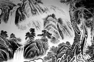Samolepiaca tapeta čínska čiernobiela krajinomaľba