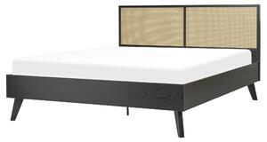 Posteľ čierna svetlé drevo 160 x 200 cm ratan drevotrieska s roštom minimalistický boho štýl spálňa