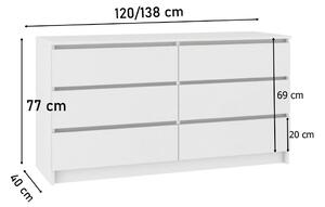 Komoda K160 6SZ, biela/biela lesk, 160x77x40