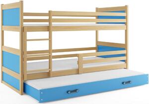 Poschodová posteľ FIONA 3 COLOR + matrac + rošt ZDARMA, 90x200 cm, borovica/blankytná