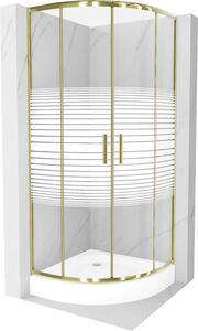 Mexen Rio, štvrťkruhový sprchovací kút 70(dvere)x70(dvere)x190 cm, 5mm číre sklo s pásikmi, zlatý profil + biela sprchová vanička RIO, 863-070-070-50-20-4710