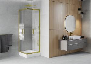 Mexen Rio, štvorcový sprchovací kút s posuvnými dverami 70 (dvere) x 70 (dvere) x 190 cm, 5mm číre sklo s pásikmi, zlatý profil + biela sprchová vanička RIO, 860-070-070-50-20-4510