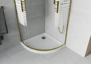 Mexen Rio, štvrťkruhový sprchovací kút 80(dvere)x80(dvere)x190 cm, 5mm číre sklo s pásikmi, zlatý profil + biela sprchová vanička SLIM, 863-080-080-50-20-4110G