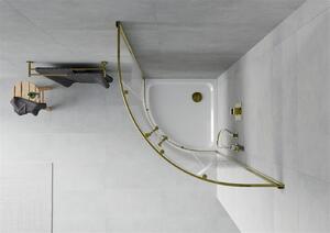 Mexen Rio, štvrťkruhový sprchovací kút 90(dvere)x90(dvere)x190 cm, 5mm číre sklo s pásikmi, zlatý profil + biela sprchová vanička SLIM, 863-090-090-50-20-4110G