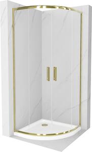 Mexen Rio, štvrťkruhový sprchovací kút s posuvnými dverami 90 (dvere) x 90 (dvere) x 190 cm, 5mm číre sklo, zlatý profil + biela sprchová vanička SLIM, 863-090-090-50-00-4110G